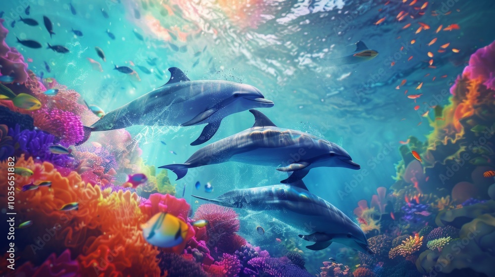 Underwater scene: dolphins swim near vibrant coral reef with colorful fish. Clear blue water backdrop creates serene atmosphere. Underwater scene: dolphins swim near vibrant coral reef with colorful fish. Clear blue water backdrop creates serene atmosphere.