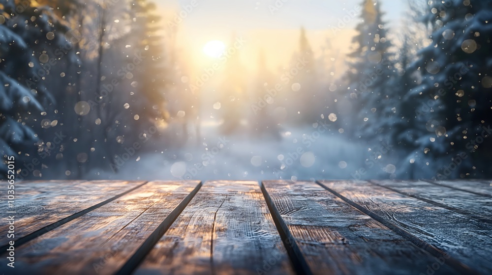 Snowy forest path with sunlight and falling snow viewed from wooden deck perspective Snowy forest path with sunlight and falling snow viewed from wooden deck perspective