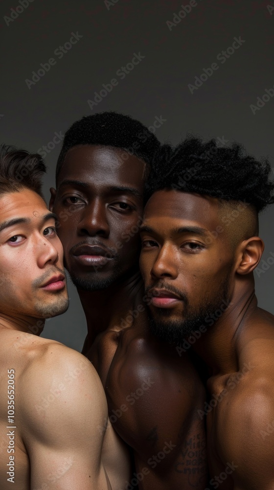 Image shows three diverse shirtless men with serious expressions, varying skin tones, standing close together, looking ahead in contemplation. Background is dark gray.