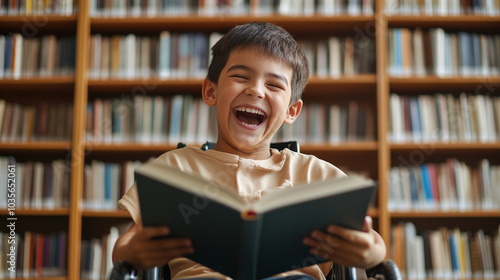 Happy young disabled mixed race school student in wheelchair reading a library book