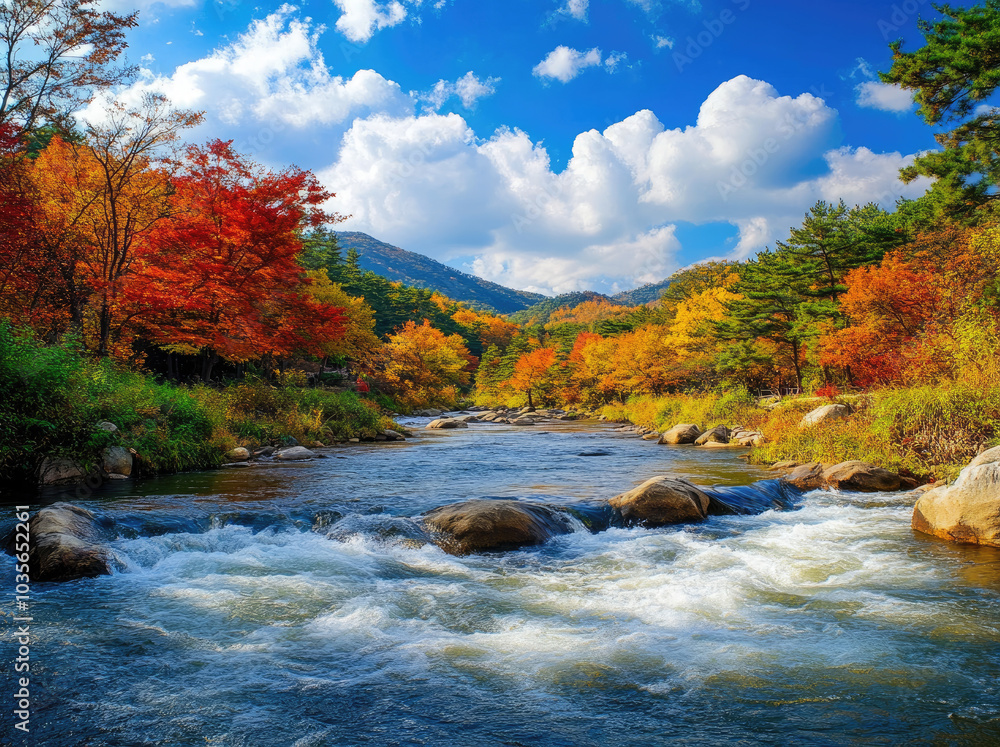 A picturesque autumn scene in South Korea, showcasing the vibrant colors of fall foliage and serene rivers with clear blue skies overhead A picturesque autumn scene in South Korea, showcasing the vibrant colors of fall foliage and serene rivers with clear blue skies overhead