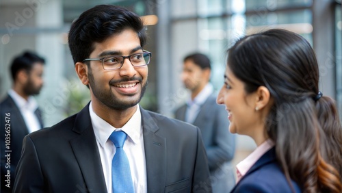 A young Indian professional speaking with an industry leader at a networking event.