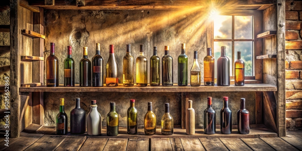Sunbeams illuminate a rustic wine cellar, showcasing a collection of glass bottles arranged on wooden shelves, creating a warm and inviting atmosphere. Sunbeams illuminate a rustic wine cellar, showcasing a collection of glass bottles arranged on wooden shelves, creating a warm and inviting atmosphere.