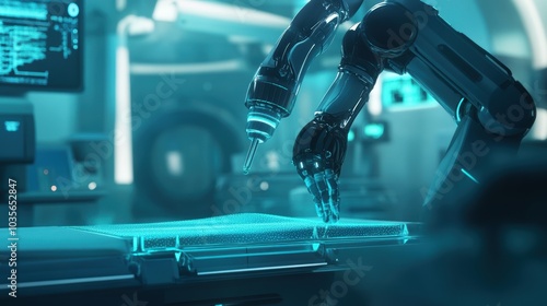 A robotic arm executing a precise operation in a futuristic laboratory, representing advanced technology and automation in scientific research. 