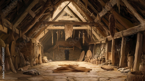 An ancient viking longhouse with wooden beams and animal hides. Viking Longhouse. Illustration