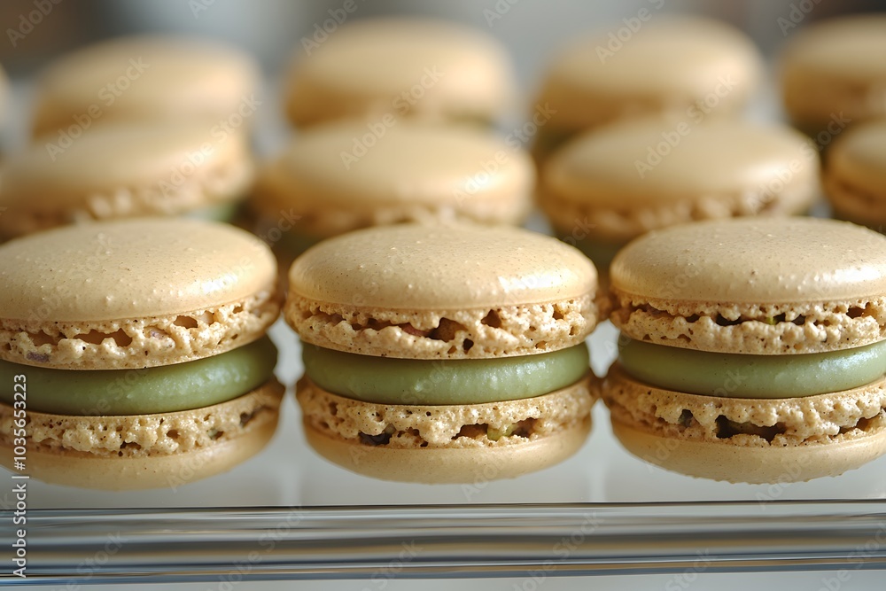 A close-up of golden macarons with a green filling, arranged neatly on a display. A close-up of golden macarons with a green filling, arranged neatly on a display.