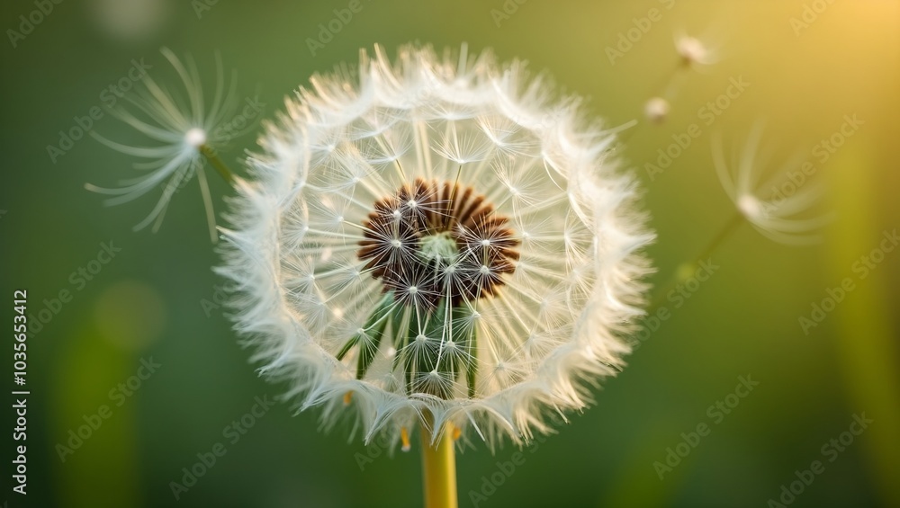 Macro shot of dandelion puff seeds ready to scatter with breeze
