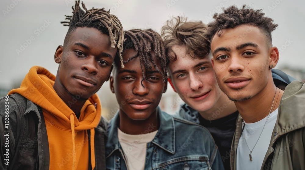 Four young men standing together, each with a distinct skin tone, looking at the camera with confidence and pride Four young men standing together, each with a distinct skin tone, looking at the camera with confidence and pride