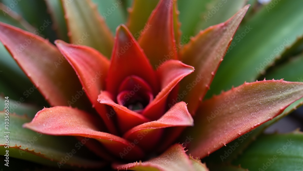 Vibrant red and green bromeliad plant with waxy leaves forming a natural bowl Vibrant red and green bromeliad plant with waxy leaves forming a natural bowl