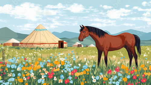 An illustration of a horse with a traditional yurt on the meadow with flowers. Mongolian Yurt Village. Illustration photo