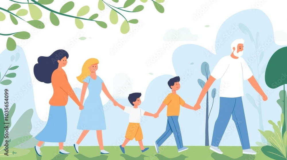 Family enjoying a walk in a lush, green park on a sunny day, AI Family enjoying a walk in a lush, green park on a sunny day, AI