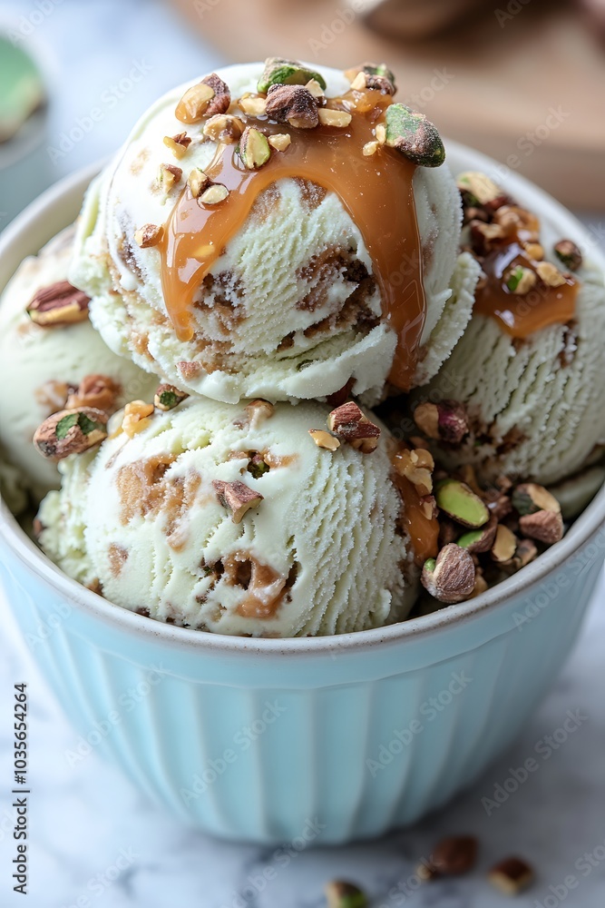 A bowl of mint ice cream topped with caramel and chopped nuts. A bowl of mint ice cream topped with caramel and chopped nuts.