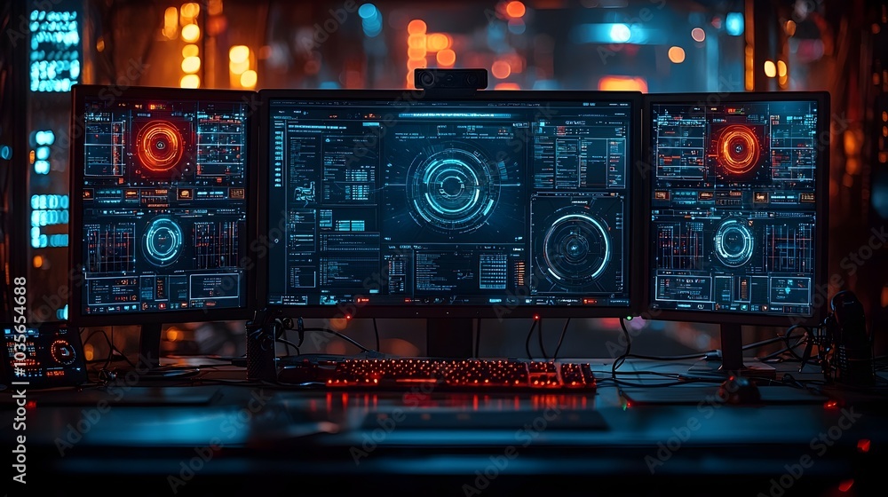 A photograph showcasing a police officer s desk in a contemporary law enforcement station equipped with cutting edge IoT technology including smart computers wearable devices A photograph showcasing a police officer s desk in a contemporary law enforcement station equipped with cutting edge IoT technology including smart computers wearable devices