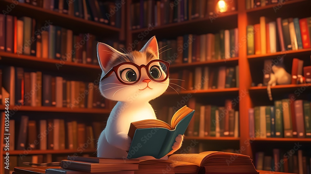 A cute 2D cartoon character of a clever cat reading book in library