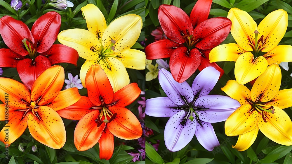Lily Garden Kaleidoscope: A patchwork of lilies—each one a different color—forming a natural kaleidoscope. Reds, oranges, yellows, and purples intermingle. Lily Garden Kaleidoscope: A patchwork of lilies—each one a different color—forming a natural kaleidoscope. Reds, oranges, yellows, and purples intermingle.