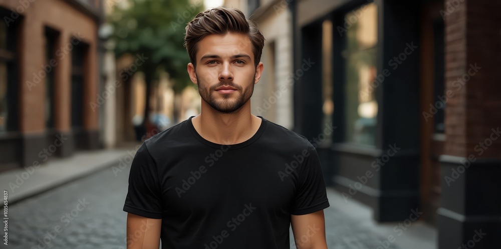 Fototapeta premium Young Model Shirt Mockup, Boy wearing black t-shirt on street in daylight, Shirt Mockup Template on hipster adult for design print, Male guy wearing casual t-shirt mockup placement