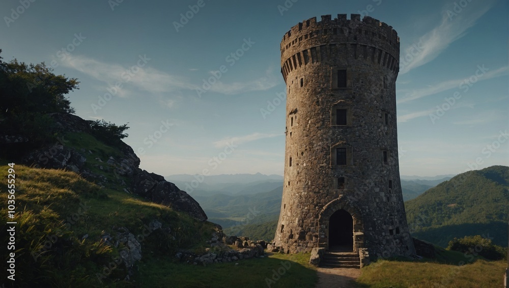 An ancient archer tower overlooking a tranquil lake inspires peace and reflection An ancient archer tower overlooking a tranquil lake inspires peace and reflection