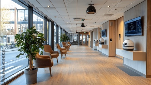 Fototapeta Naklejka Na Ścianę i Meble -  Photograph of a contemporary police station reception area equipped with cutting edge IoT technology including digital screens and smart surveillance on the ceiling