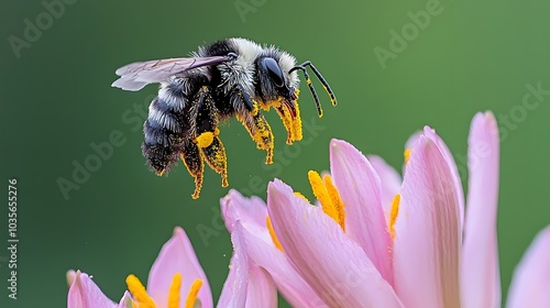 Lily Pollination: A bee hovering near a lily, its legs dusted with yellow pollen. The symbiotic dance of nature captured in mid-flight. 