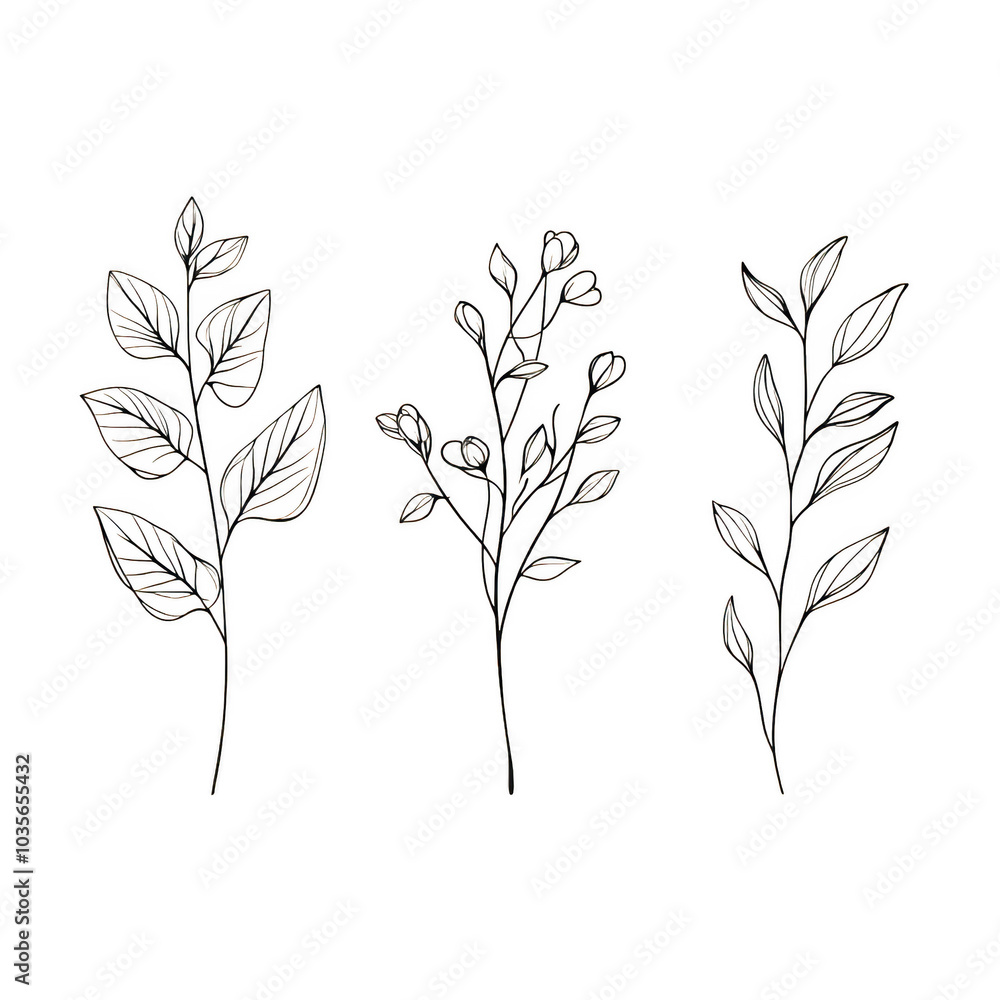 Elegant Hand-Drawn Greenery: A set of three delicate, hand-drawn illustrations showcasing the beauty of nature. This minimalist black and white design features elegant branches with leaves and buds. Elegant Hand-Drawn Greenery: A set of three delicate, hand-drawn illustrations showcasing the beauty of nature. This minimalist black and white design features elegant branches with leaves and buds.