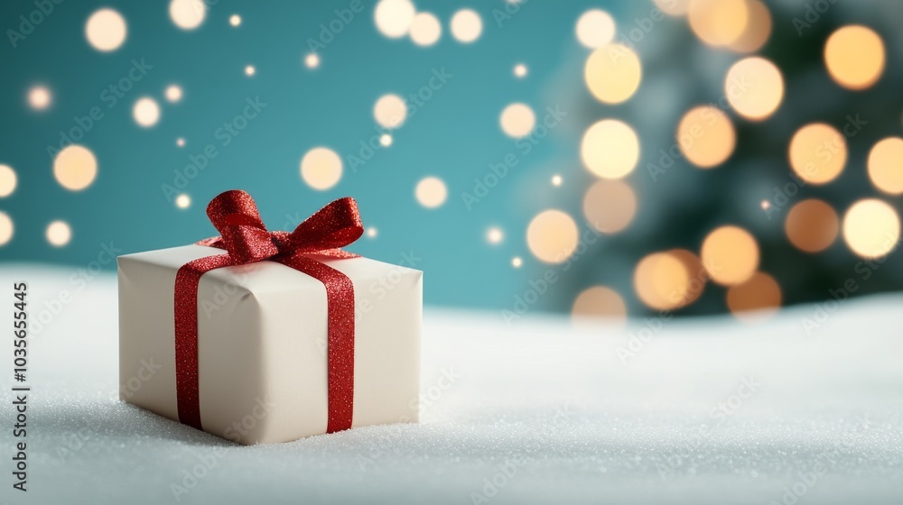 Festive gift box with red ribbon on snowy background Festive gift box with red ribbon on snowy background