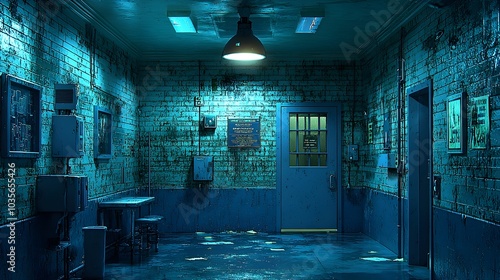 Fototapeta Naklejka Na Ścianę i Meble -  Photograph of a modern high tech prison cell in a police station equipped with IoT enabled surveillance and biometric access control systems  The cell has clean empty space on the doors and walls