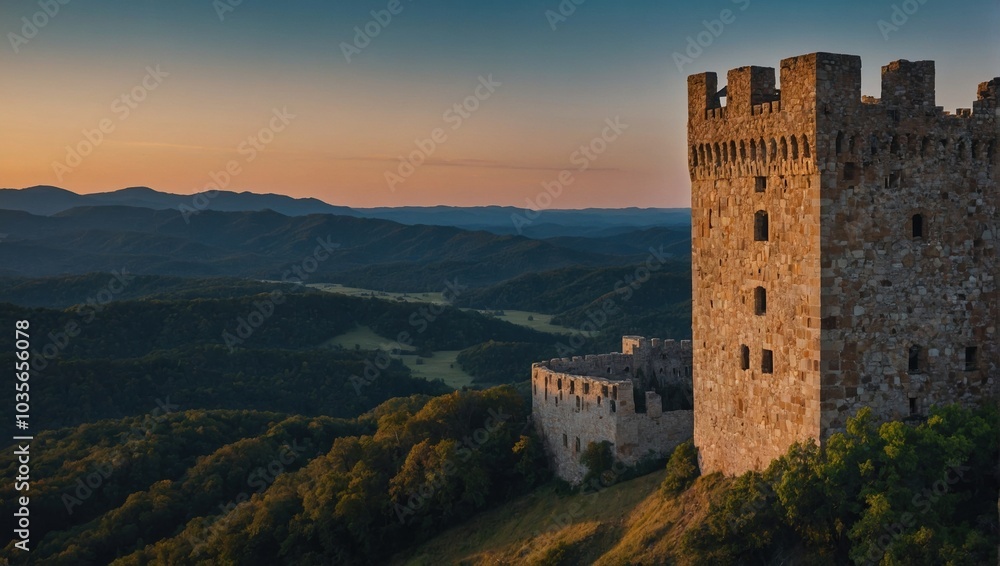 An ancient archer tower shrouded in mist creates an air of mystery An ancient archer tower shrouded in mist creates an air of mystery