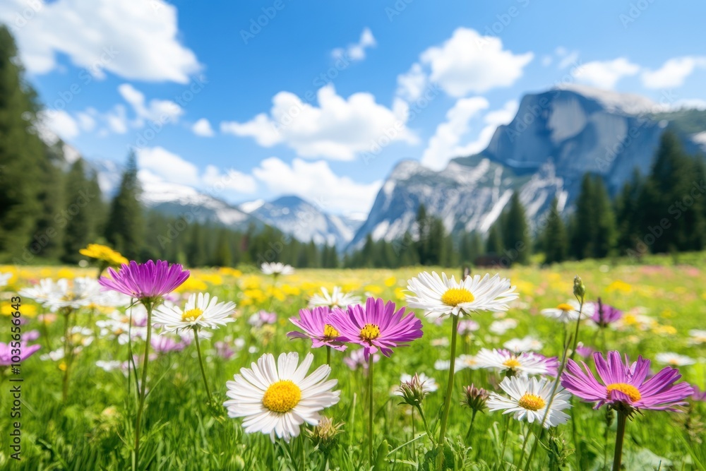 Obraz premium A vibrant meadow filled with colorful wildflowers, surrounded by majestic mountains and a clear blue sky, creating a serene and picturesque natural landscape.