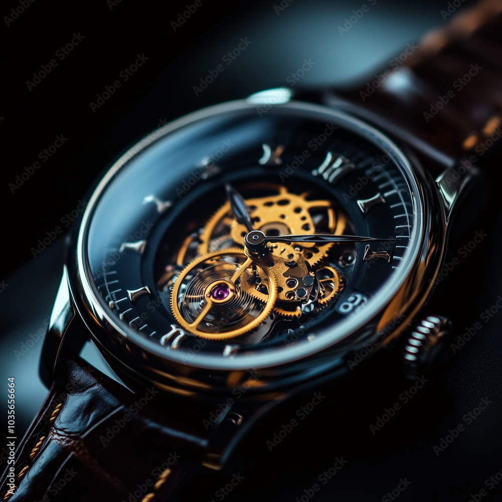 Fototapeta premium Elegant Watch With Mechanical Gears on Leather Strap