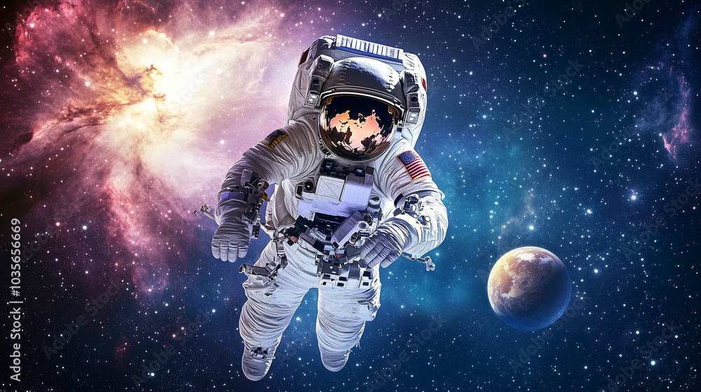 Astronaut Floating in Space Near Colorful Nebula and Stars Astronaut Floating in Space Near Colorful Nebula and Stars