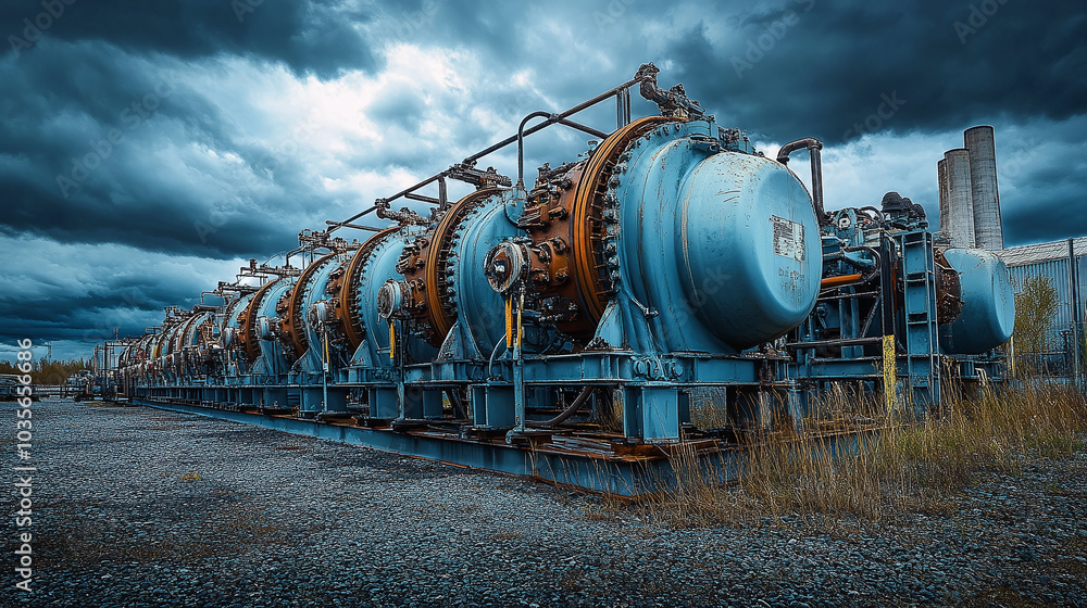 A row of large, weathered gas compressor units at an industrial site. The rusted machinery is aligned against a cloudy sky, conveying a sense of heavy industry and aging infrastructure. A row of large, weathered gas compressor units at an industrial site. The rusted machinery is aligned against a cloudy sky, conveying a sense of heavy industry and aging infrastructure.