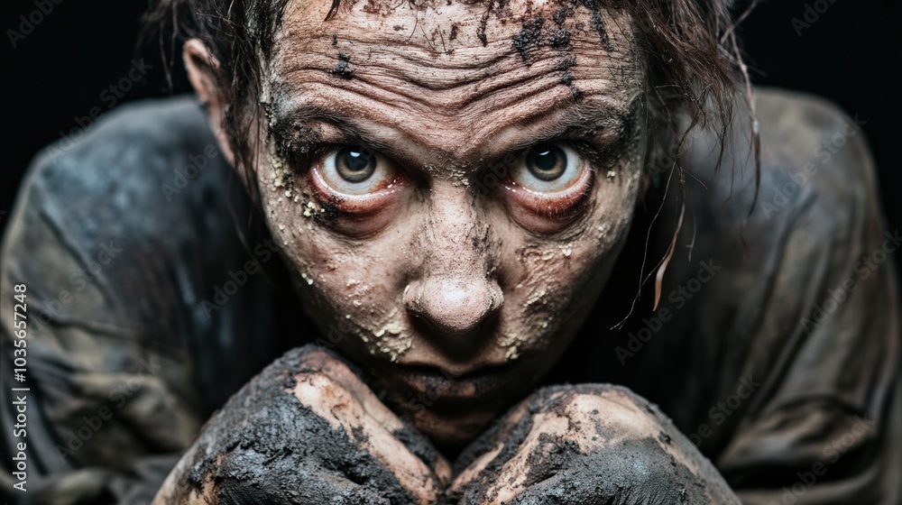 A person with intense eyes and a weathered face looks directly at the camera, AI A person with intense eyes and a weathered face looks directly at the camera, AI