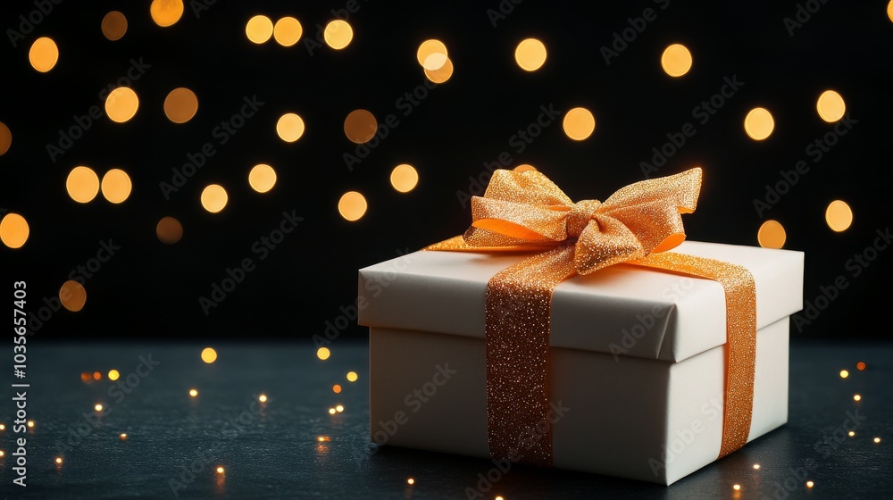 Elegant gift box with sparkling ribbon against bokeh backdrop Elegant gift box with sparkling ribbon against bokeh backdrop