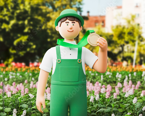 a gardener holding a medal of the garden,3d,green thumb  photo