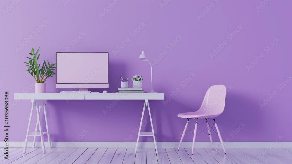 Minimal idea concept for study desk and workspace. Creative composition. Interior of the room in pastel purple color with furnitures and room accessories. Healthy lifestyle. 3D render. Minimal idea concept for study desk and workspace. Creative composition. Interior of the room in pastel purple color with furnitures and room accessories. Healthy lifestyle. 3D render.