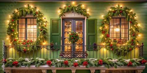 Christmas Decorations on Balcony with Wooden White Windows and Green Walls