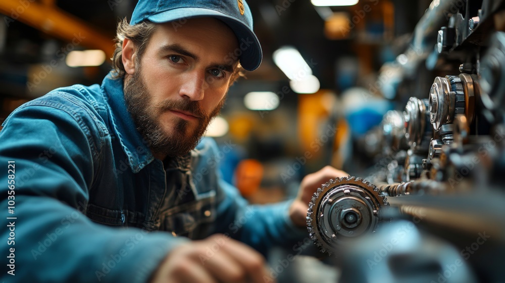 A skilled mechanic examines intricate machinery components in a busy workshop. The ambient light highlights his concentration and craftsmanship as he works on repairs. A skilled mechanic examines intricate machinery components in a busy workshop. The ambient light highlights his concentration and craftsmanship as he works on repairs.