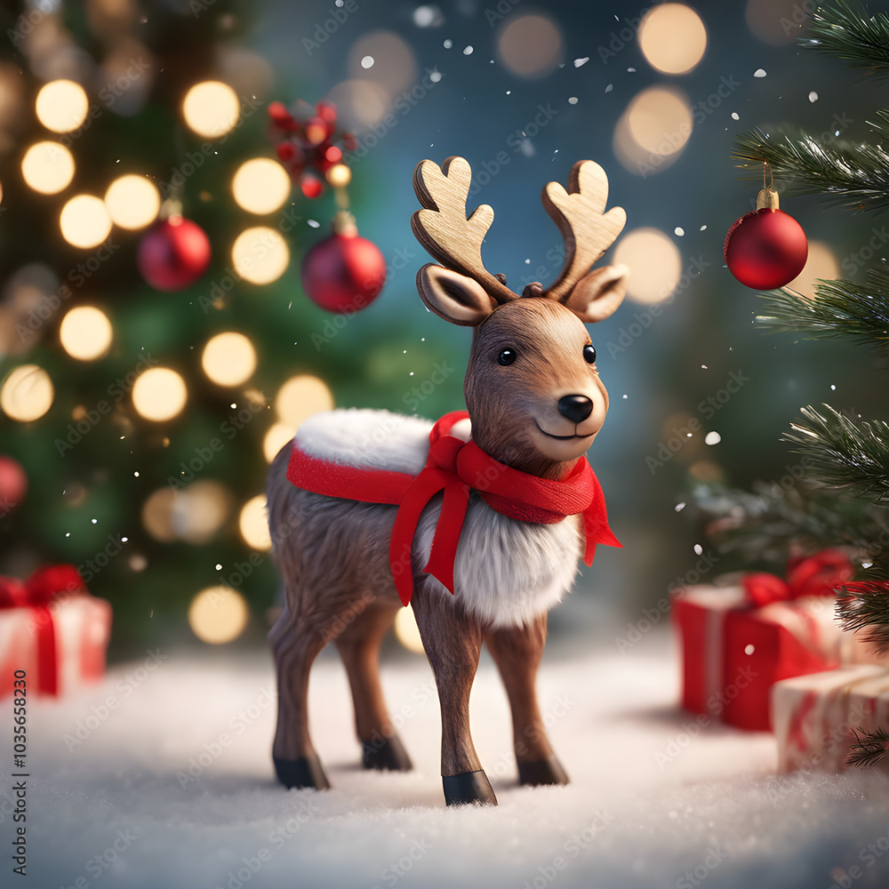 A small Christmas reindeer wearing a red sash and small bells, with a warm smiling face, sparkling eyes and erect ears. A small Christmas reindeer wearing a red sash and small bells, with a warm smiling face, sparkling eyes and erect ears.