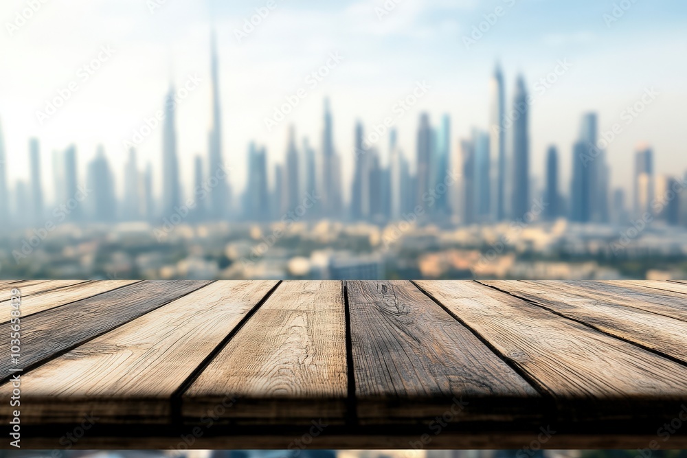 Blurry Skyline. Wooden Table Top with City Skyline View Mockup Blurry Skyline. Wooden Table Top with City Skyline View Mockup