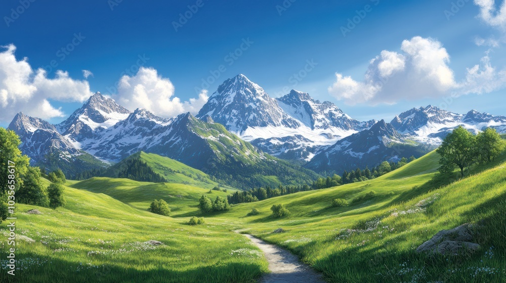 A stunning landscape featuring majestic mountains, lush greenery, and a serene path, inviting exploration under a clear blue sky. A stunning landscape featuring majestic mountains, lush greenery, and a serene path, inviting exploration under a clear blue sky.