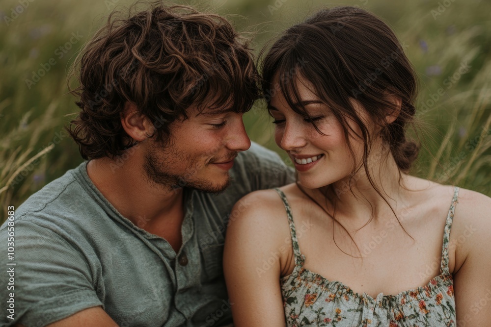 Fototapeta premium Affectionate young couple sitting on rural grass, Generative AI