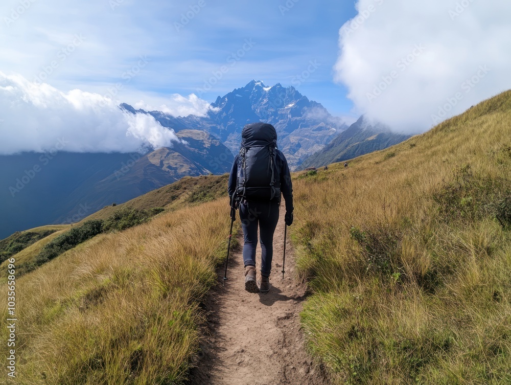 A hiker traverses a scenic mountain path, surrounded by lush grass and majestic peaks under a clear blue sky.