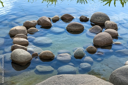 A water washed rounded stones in a shallow pool of water photo