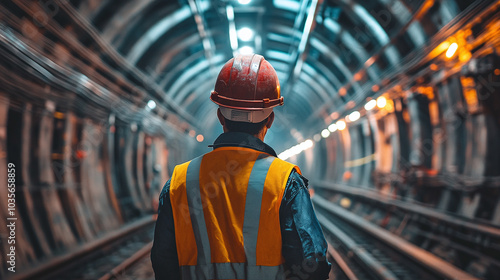  A construction worker wearing a safety vest and helmet stands inside a dimly lit tunnel. The image captures the intensity and focus of underground infrastructure work