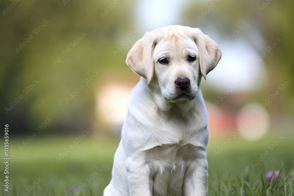 A white Labrador retriever puppy with a sad expression, sitting outdoors against a blurred green background A white Labrador retriever puppy with a sad expression, sitting outdoors against a blurred green background
