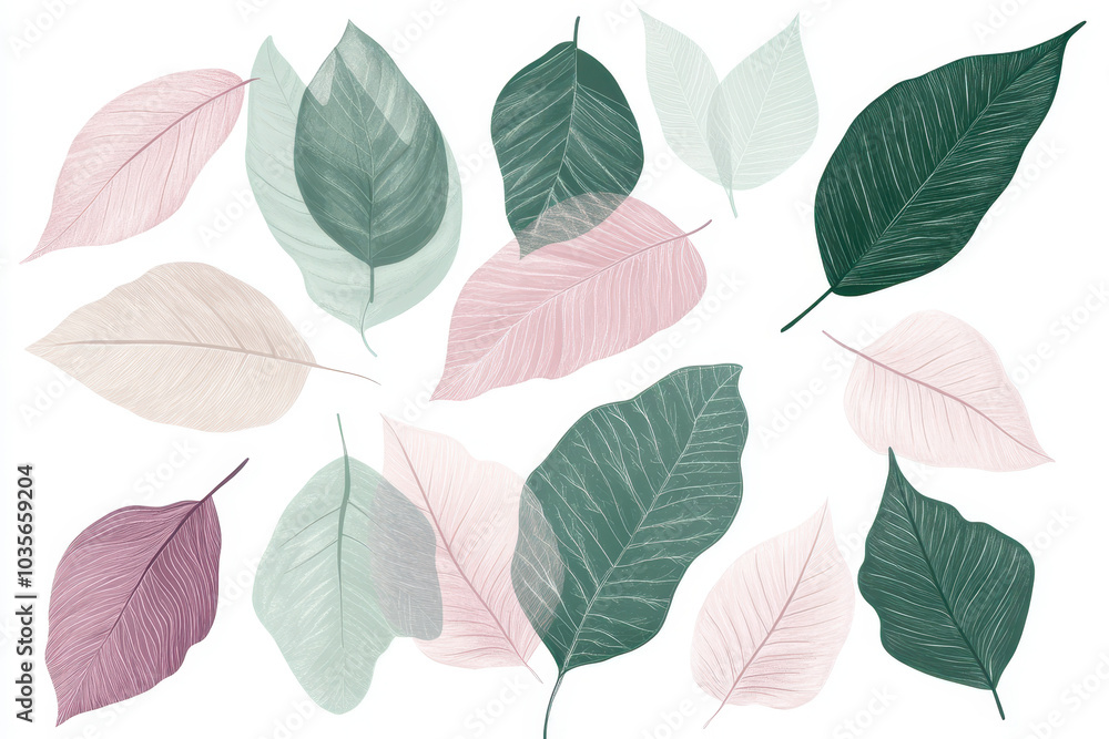 Elegant pastel leaf composition with botanical elements and soft colors Elegant pastel leaf composition with botanical elements and soft colors