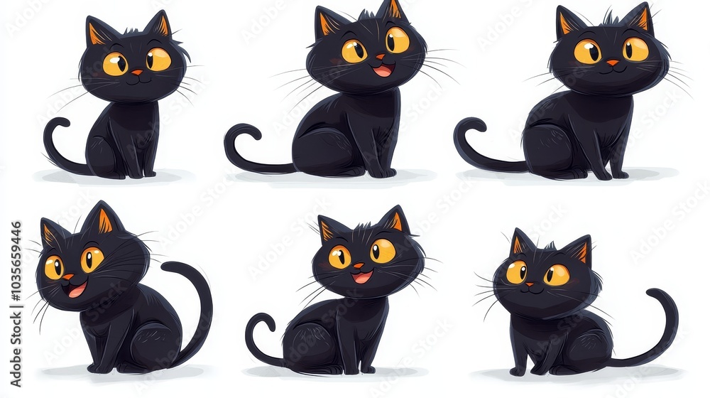 Playful Flat Colored Image of Curious Black Cats with Bright Glowing Eyes Playful Flat Colored Image of Curious Black Cats with Bright Glowing Eyes