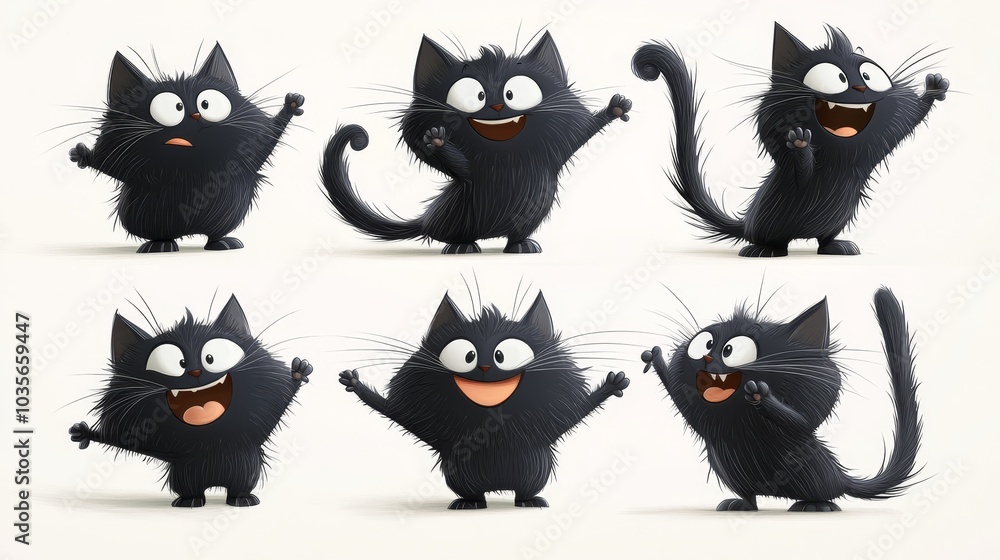 Obraz premium Playful Flat Colored Black Cats in Whimsical Animated