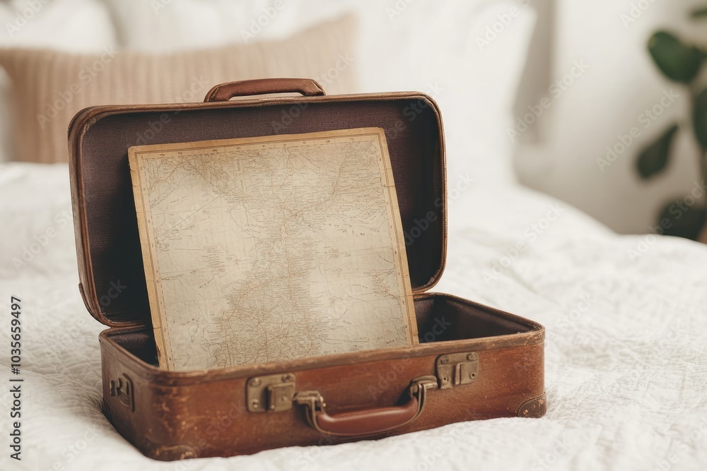 A vintage suitcase with an empty, weathered map inside, resting on a soft bedspread, suggesting travel and exploration.
