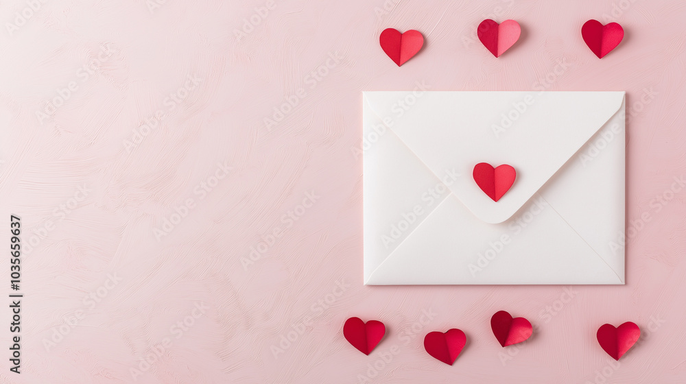 White Envelope with Red Hearts on Pink Background White Envelope with Red Hearts on Pink Background